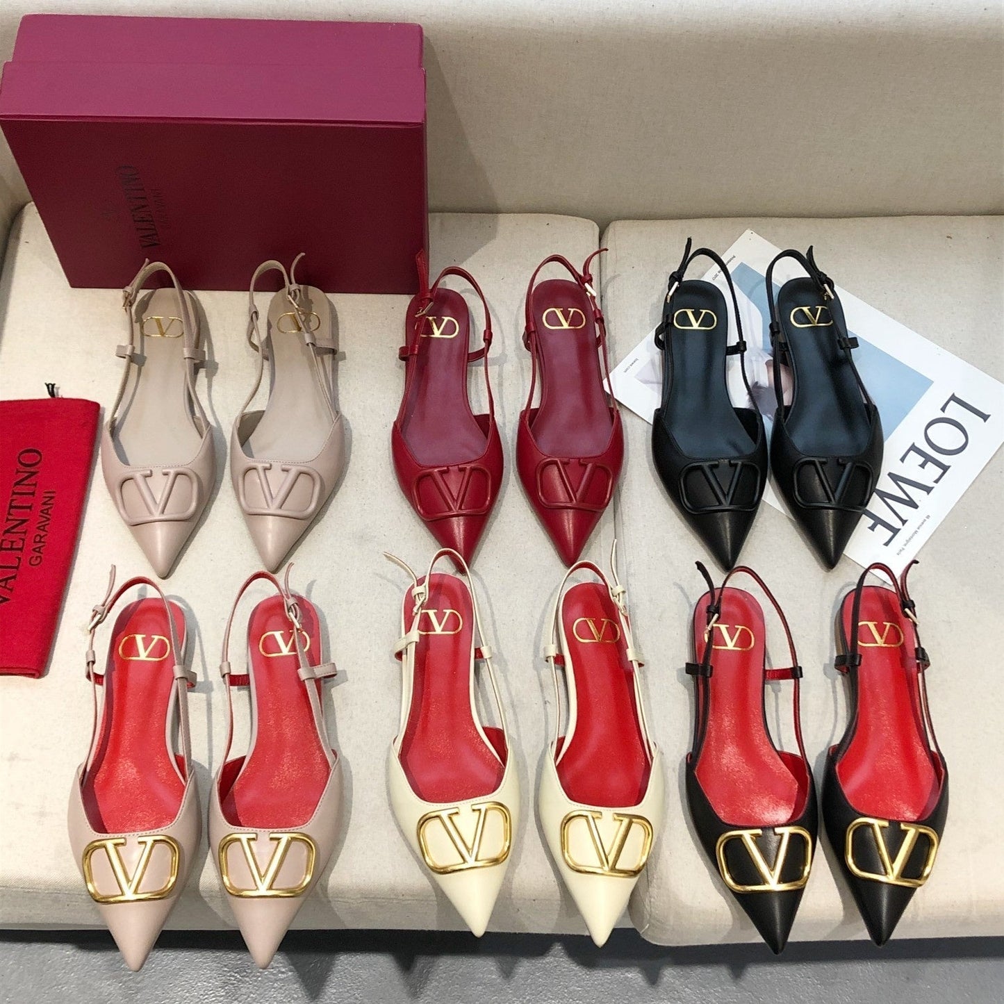 VLOGO SIGNATURE CREPE PINK CALFSKIN FLAT SLINGBACK PUMP