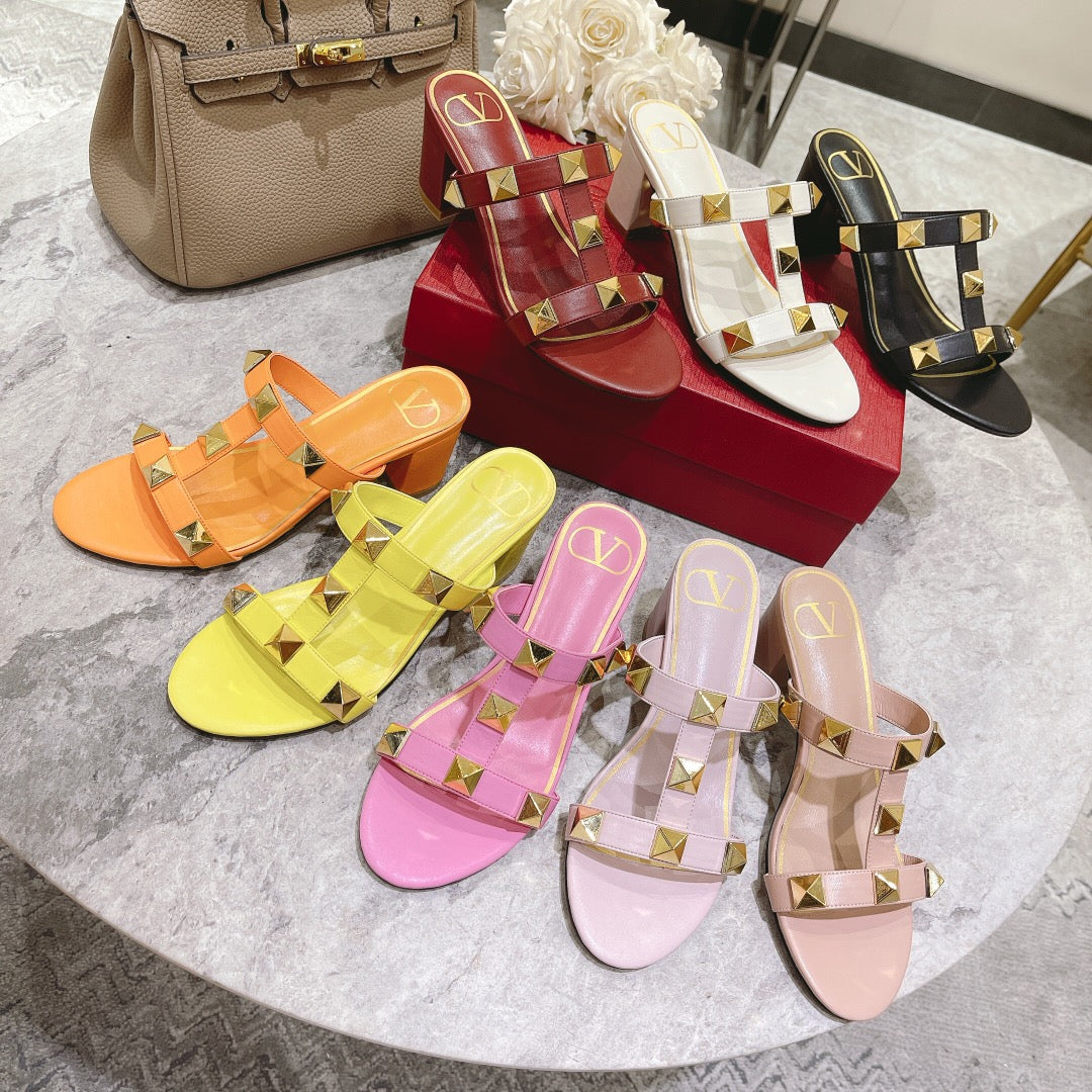 ROMAN STUD MANGO ORANGE CALFSKIN SLIDE SANDAL 60 MM