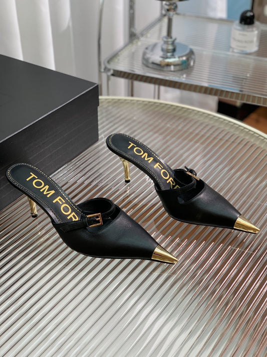 HIGH PUMP MULE 7 CM IN BLACK CALFSKIN