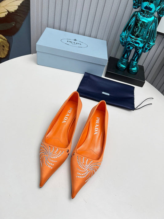 PRADA 26S POINTED TOE PUMPS 40MM IN ORANGE SATIN CRYSTAL EMBELLISHED