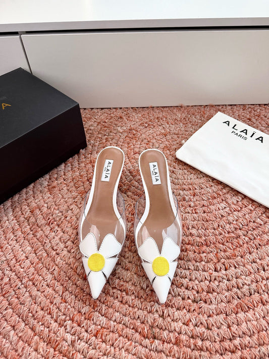 ALAIA 26S MULE HEELS IN WHITE LAMBSKIN AND TRANSPARENT PVC