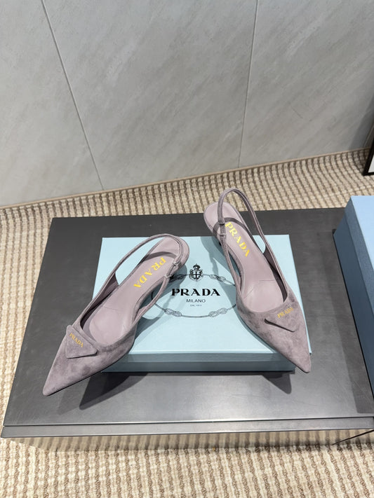 PRADA 26S POINTED TOE SLINGBACK HIGH HEELS 55MM IN TAUPE BROWN SUEDE WITH LOGO