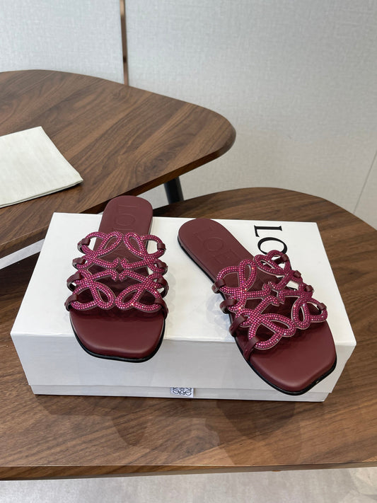 LOEWE 26S FLAT SANDALS IN WINE RED CALFSKIN WITH CRYSTALS