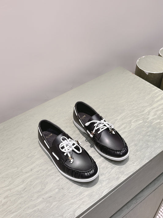 CELINE 26S LACE-UP LOAFERS IN BLACK CALFSKIN