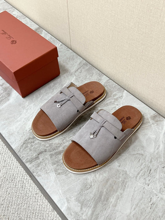 LP 26S LOCK CHARM SLIDES IN GREY SUEDE SILVER HARDWARE