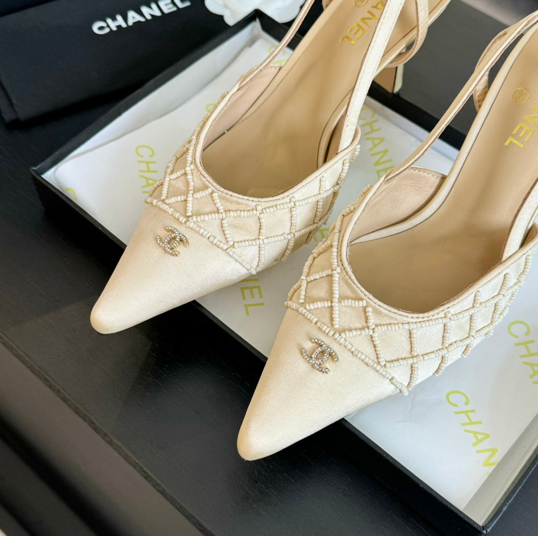 POINTED SLINGBACK MID HEELS BEIGE CREAM LAMBSKIN