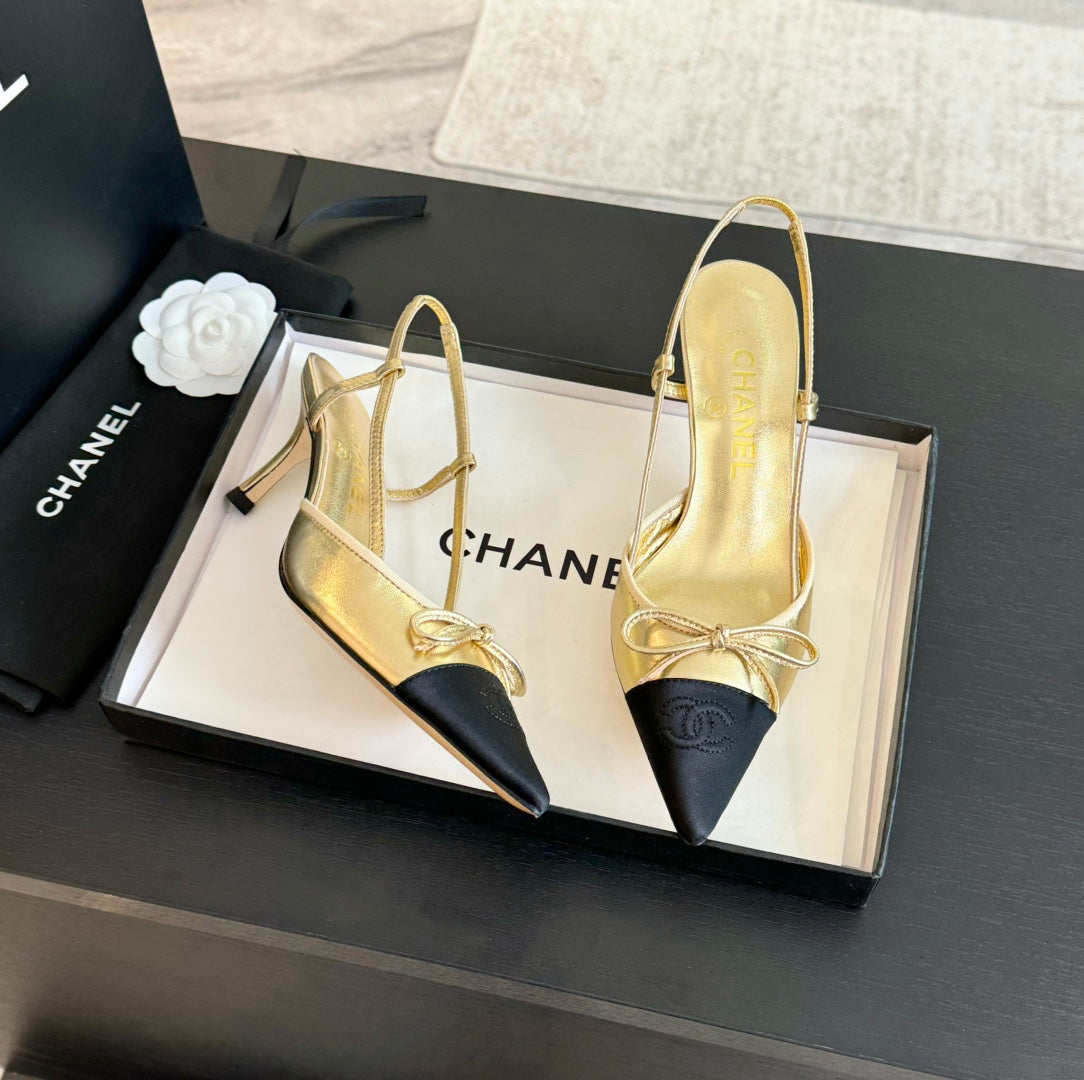 SLINGBACK WITH BOW IN GOLDEN MIX BLACK LAMBSKIN