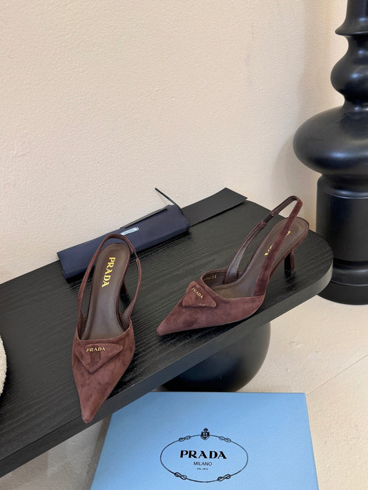PRADA 26S POINTED TOE SLINGBACK HEELS 60MM IN DARK BROWN SUDE WITH LOGO