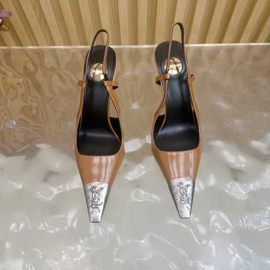 YSL 25S HIGH-HEEL SLINGBACKS 85 MM IN CAMEL BROWN LAMBSKIN AND SILVER HARDWARE
