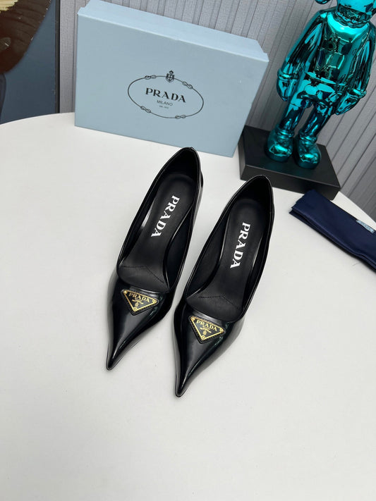 PRADA 26S POINTED TOE PUMPS STILETTO HEEL 80MM IN BLACK SHINE CALFSKIN