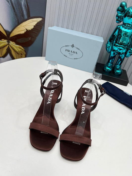 PRADA 26S ANKLE STRAP SANDALS STILETTO HEEL 80MM IN DARK BROWN SATIN