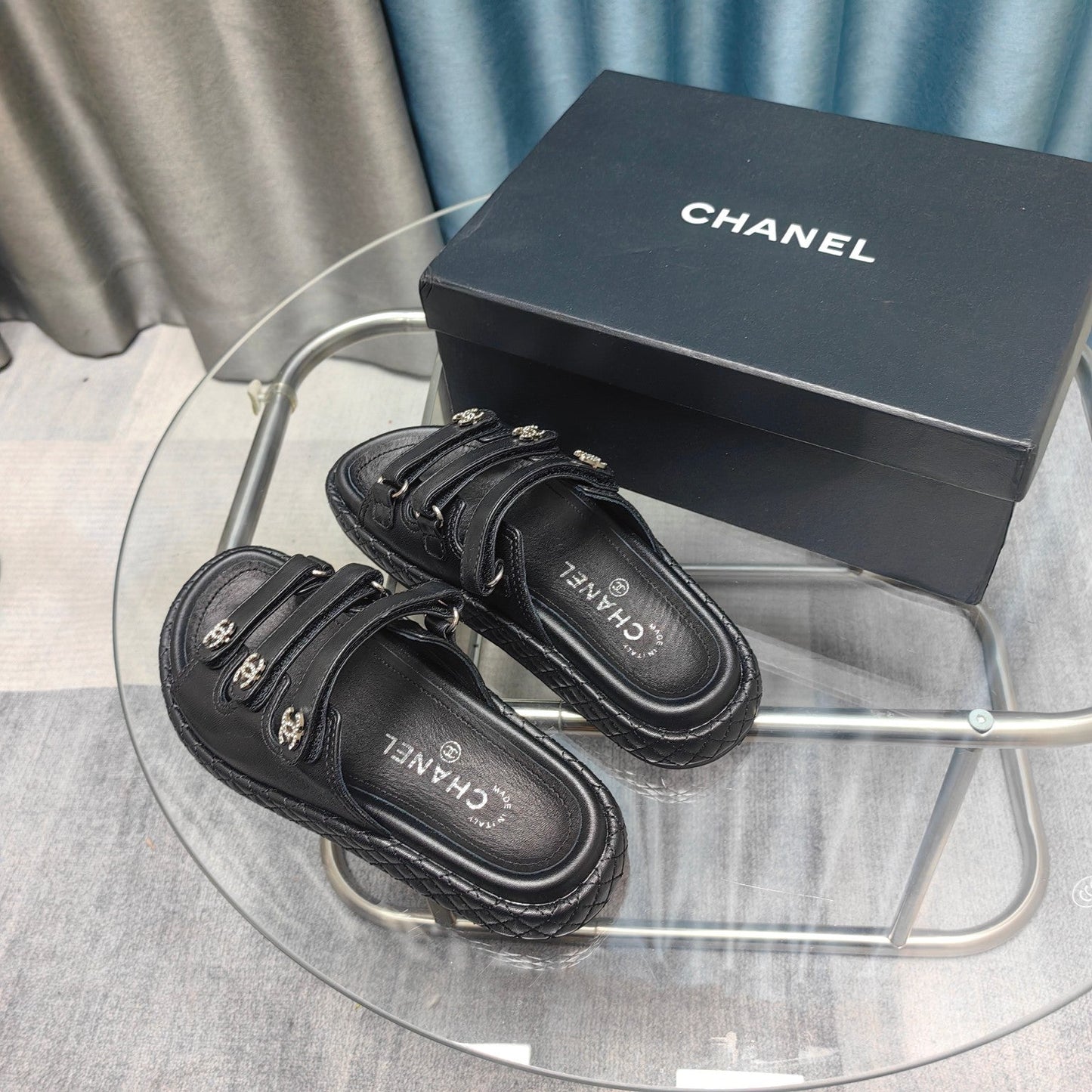 CC 25C Sandal Triple Straps Black Calfskin