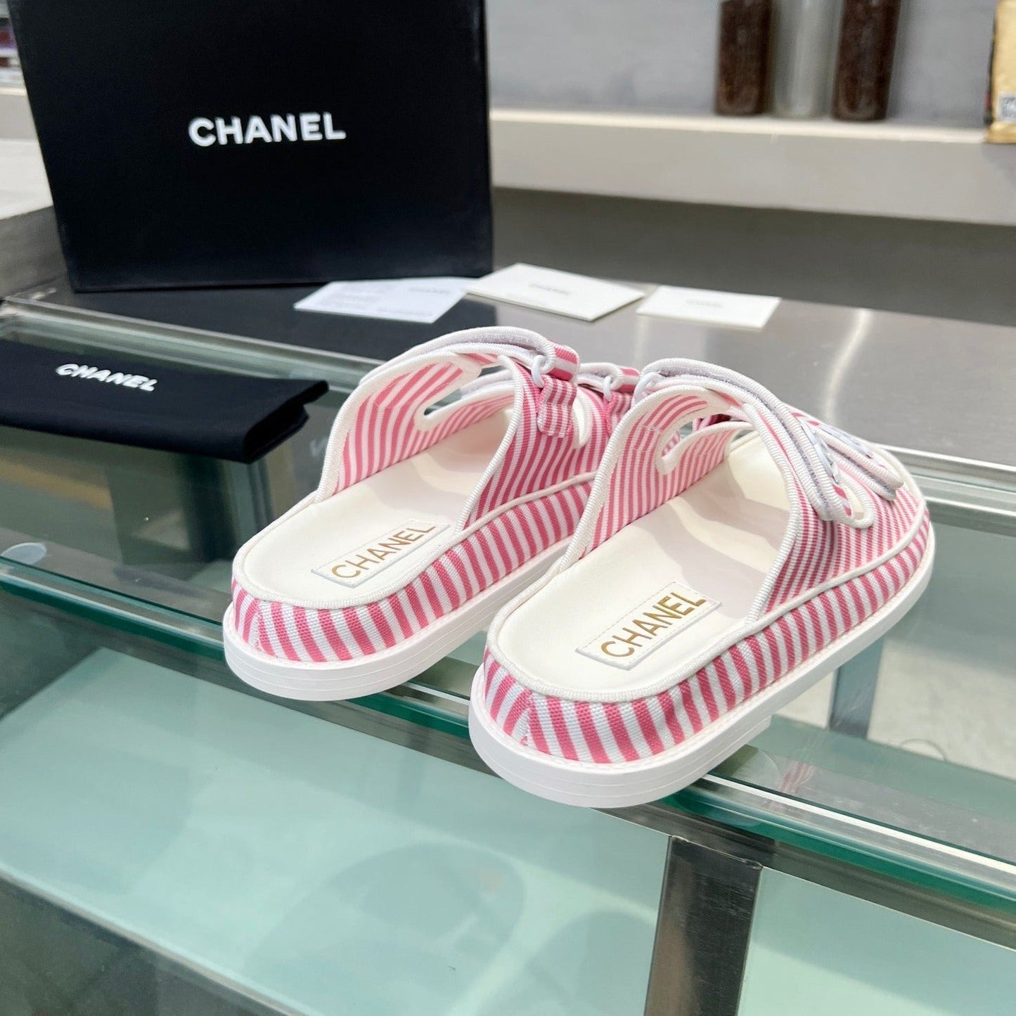 Stripes Casual Flat Sandals Light Pink White