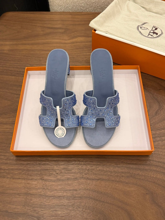 HM 26S OASIS SANDAL IN DUSTY BLUE SUEDE WITH CRYSTALS