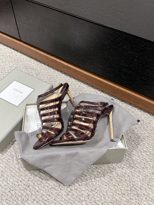HIGH SANDAL 10 CM IN MAHOGANY RED CALFSKIN