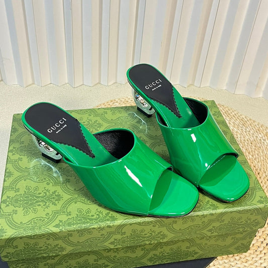 GG Women's Heeled Sandals Glossy Forest Green