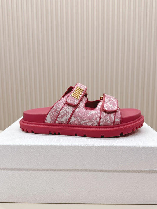 DIOR CLASSIC DOUBLE-STRAP SLIDES 25S IN DARK PINK FABRIC AND CALFSKIN