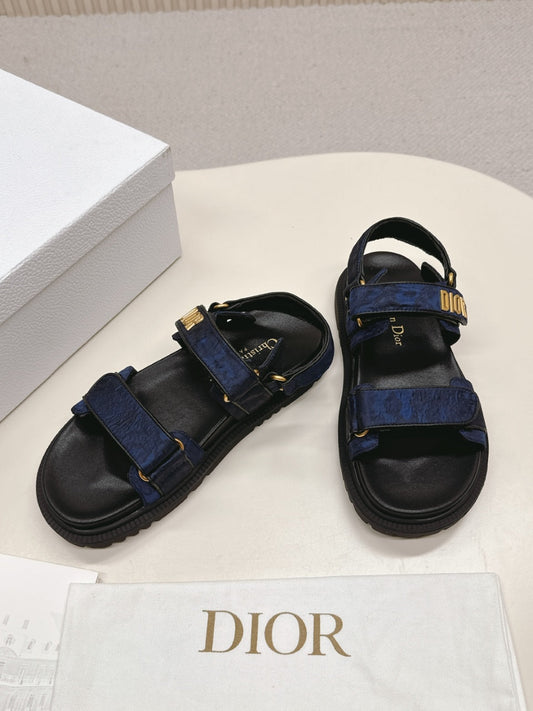 DIOR BACK-STRAP SANDALS 25S IN MIDNIGHT BLUE FABRIC AND BLACK CALFSKIN WITH GOLD HARDWARE