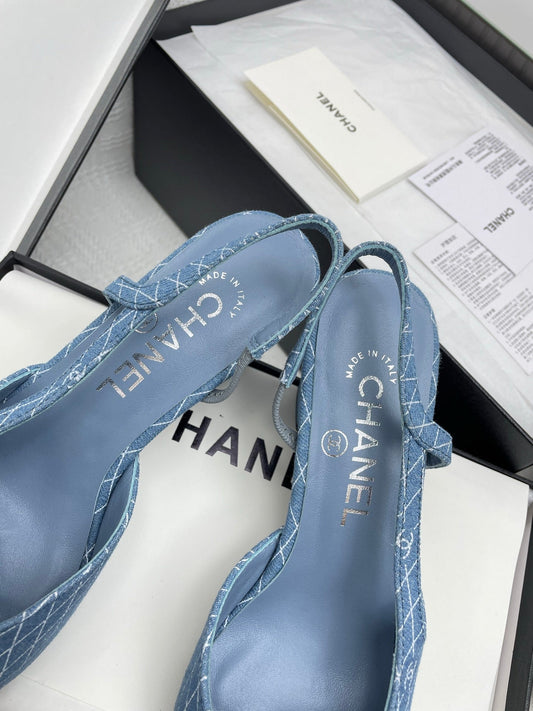 CC SLINGBACK 25S 65 MM IN BLUE DENIM WITH PLAID PATTERN
