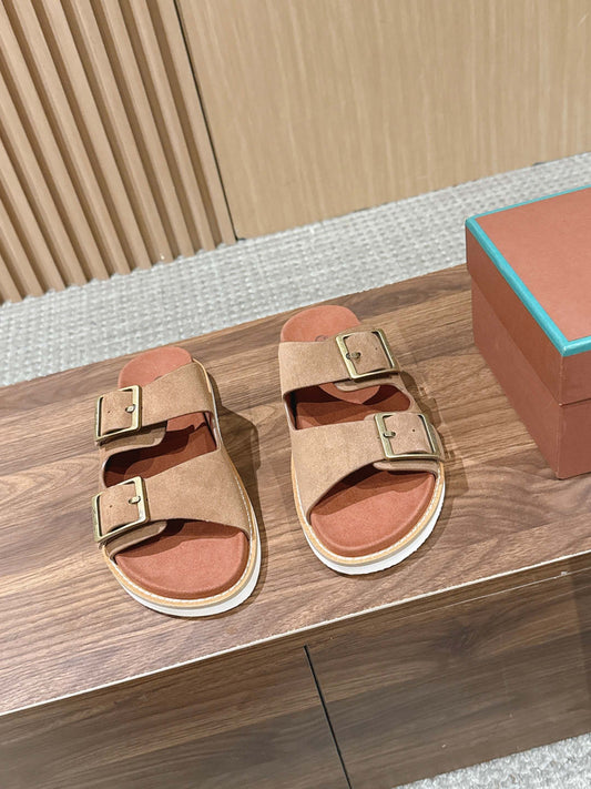 LP 26S DOUBLE BUCKLE SLIDES IN BROWN SUEDE GOLD HARDWARE