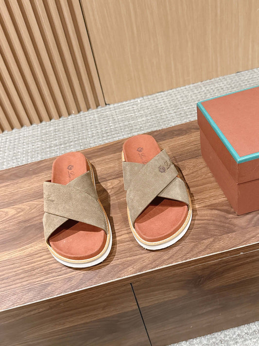 LP 26S CROSS STRAP SLIDES SANDAL IN OLIVE BROWN SUEDE