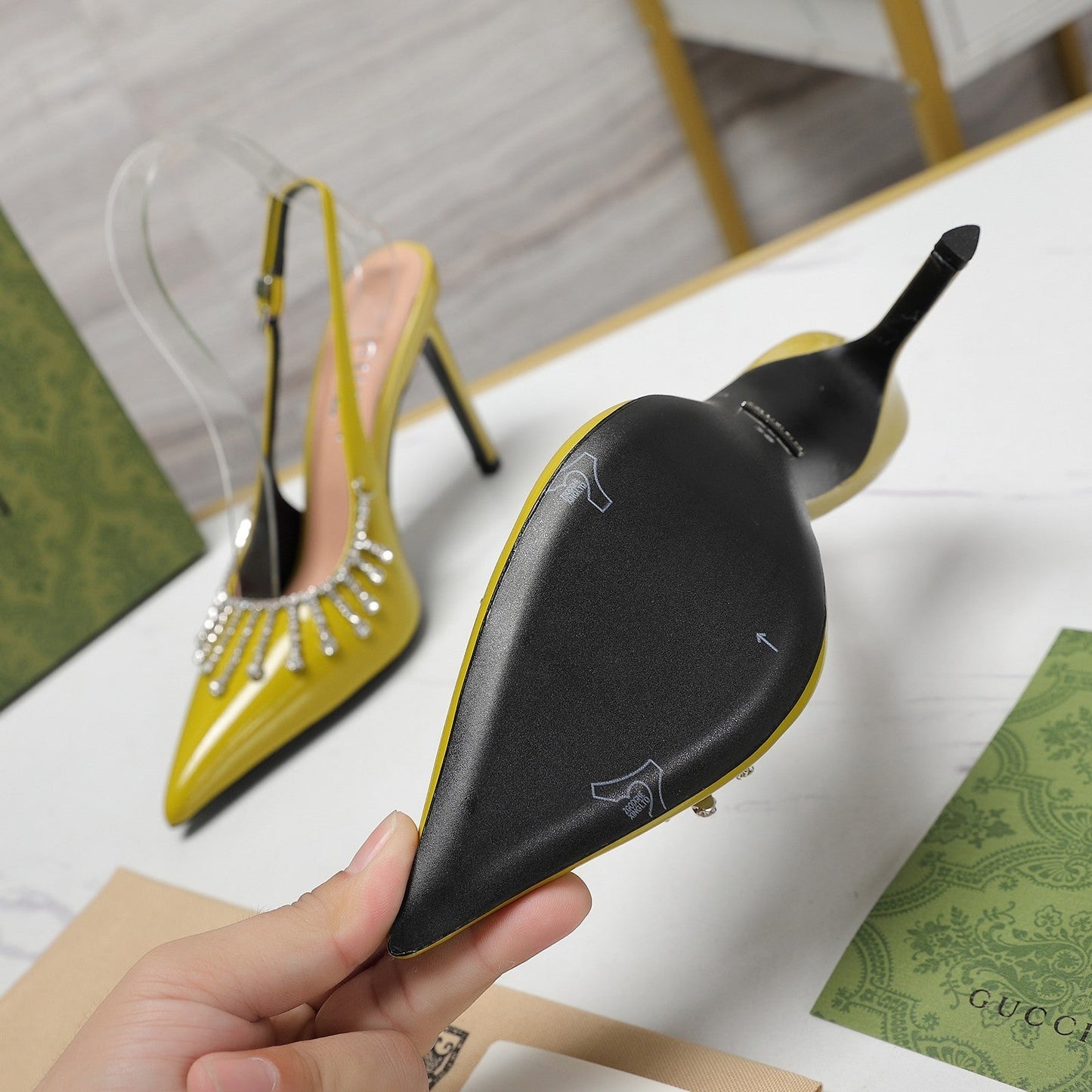 GG CRYSTAL HIGH HEEL SANDAL LEMON LAMBSKIN