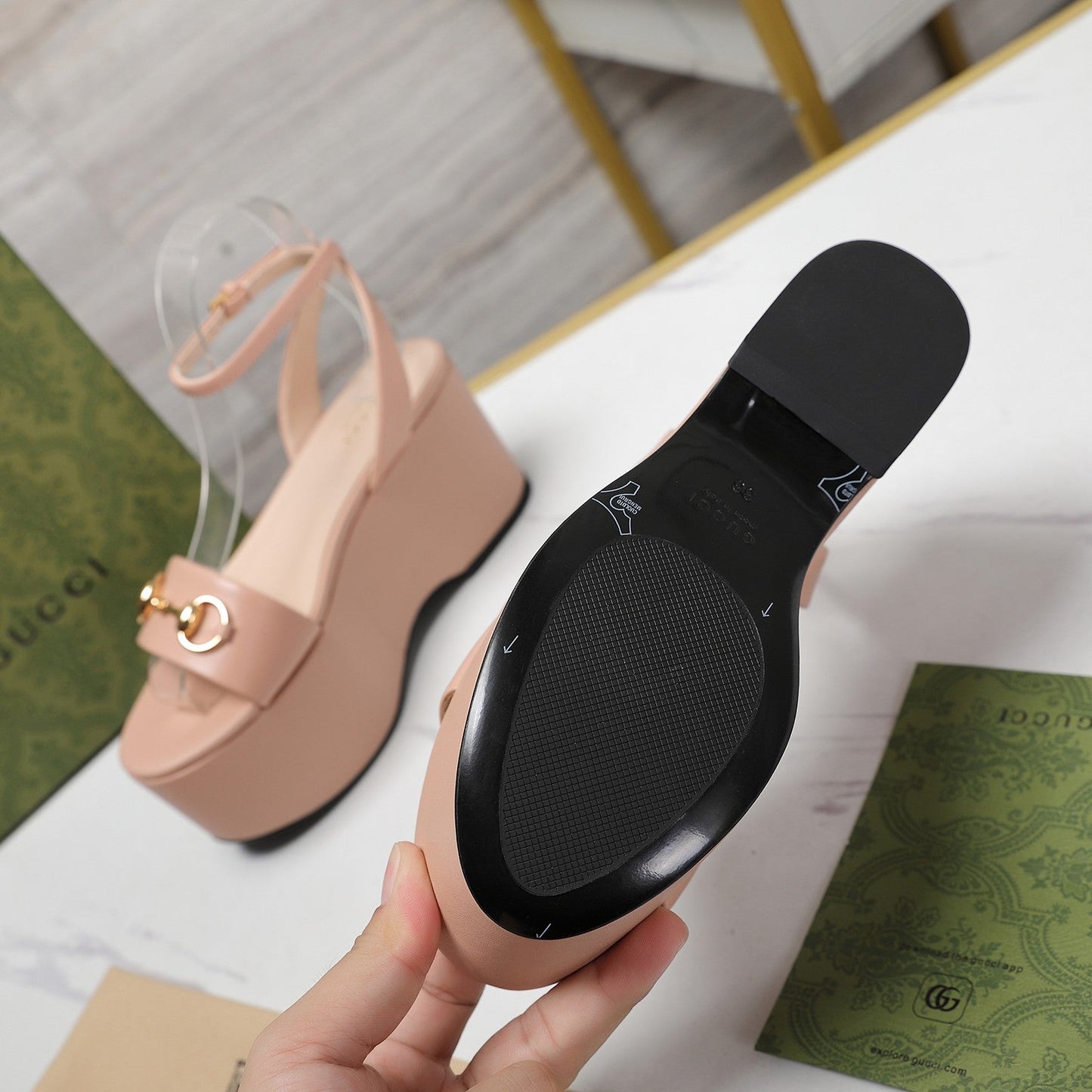 GG Horsebit Wedges Sandals Pink