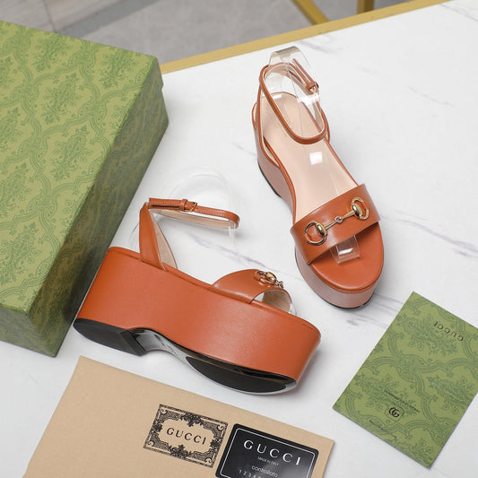 GG Horsebit Wedges Sandals Orange