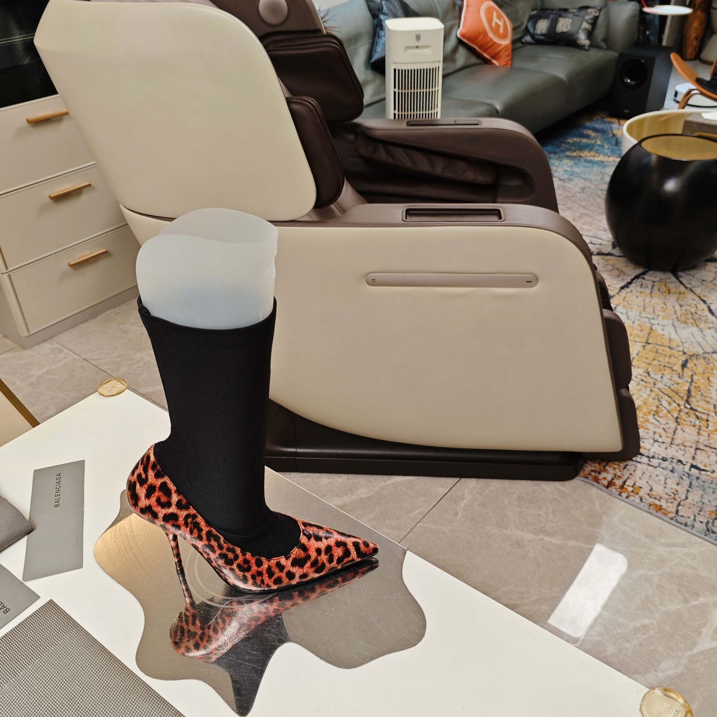 BALENCIAGA 25S POINTED-TOE HIGH HEELS 90 MM IN BLACK FABRIC AND LEOPARD PRINT CALFSKIN STYLE 1