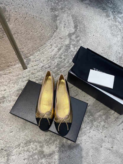 BALLET FLATS GOLD BLACK LAMBSKIN CANVAS