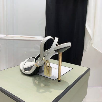 PADLOCK HIGH HEEL 10 CM SANDAL IN WHITE SHEEPSKIN