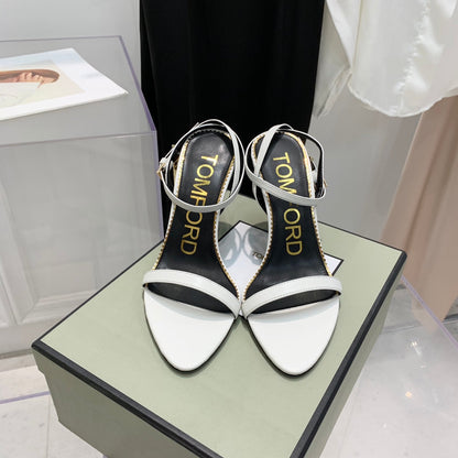 PADLOCK HIGH HEEL 10 CM SANDAL IN WHITE SHEEPSKIN