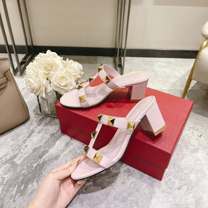 ROMAN STUD PASTEL PINK CALFSKIN SLIDE SANDAL 60 MM