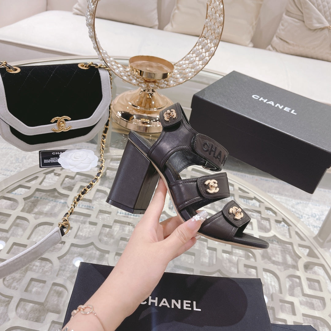 CC 3 STRAPS HIGH HEELS IN BLACK CALFSKIN