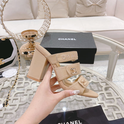 CC 25C Three Strap Sandal Mule High Heel Cream Sheepskin 213347