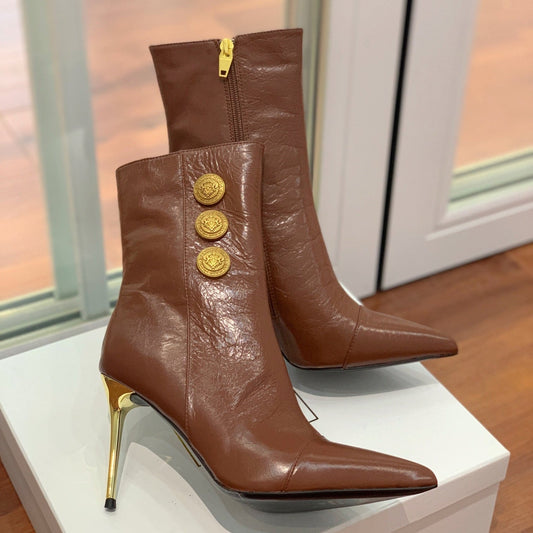 BALMAIN 26S BOOT 105 MM IN BROWN CALFSKIN WITH GOLD HARDWARE