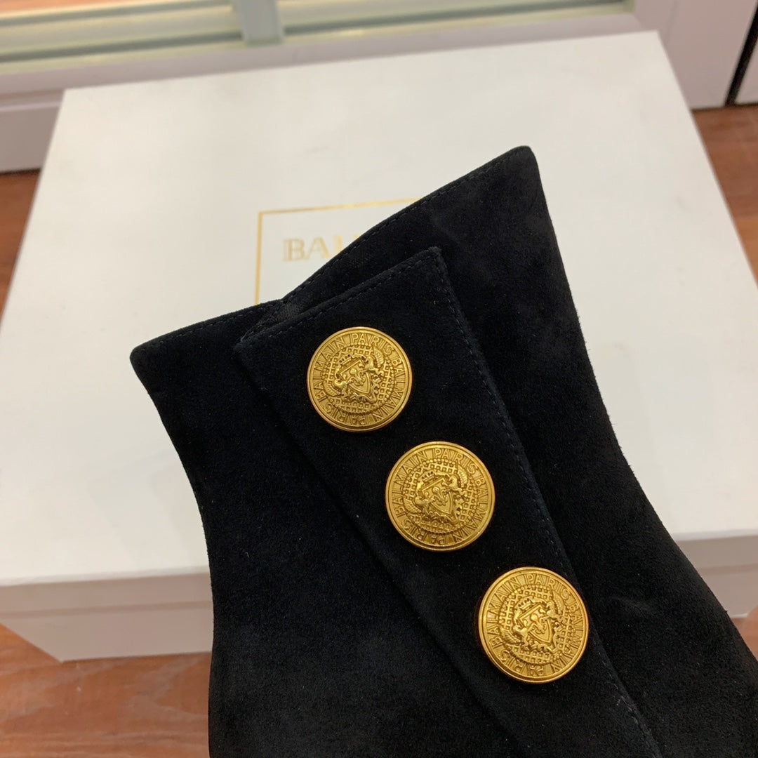 BALMAIN 26S OPEN-TOE BOOTS 95 MM IN BLACK SUEDE