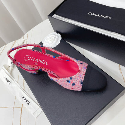 CHANEL 26S HIGH-HEEL SLINGBACKS 65 MM IN BLACK MIX PINK TWEED