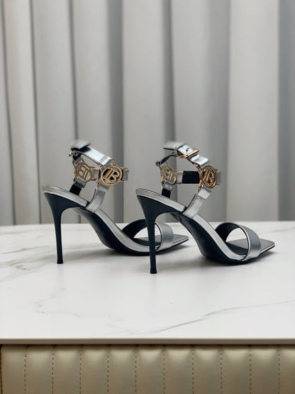 BALMAIN 25S HIGH HEELS WITH B METAL DETAIL 95MM IN SILVER CALFSKIN