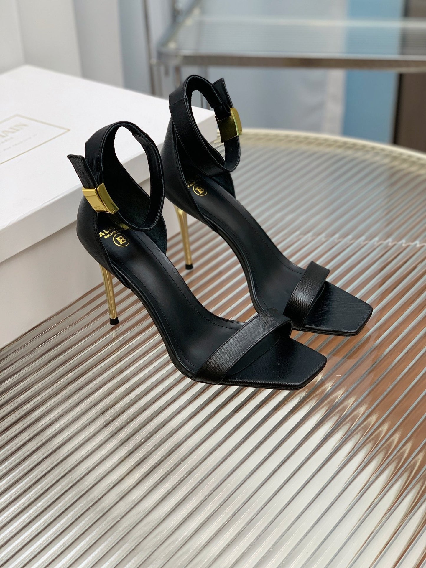 BALMAIN 25S METAL BUCKLE HIGH HEELS 95MM IN BLACK CALFSKIN