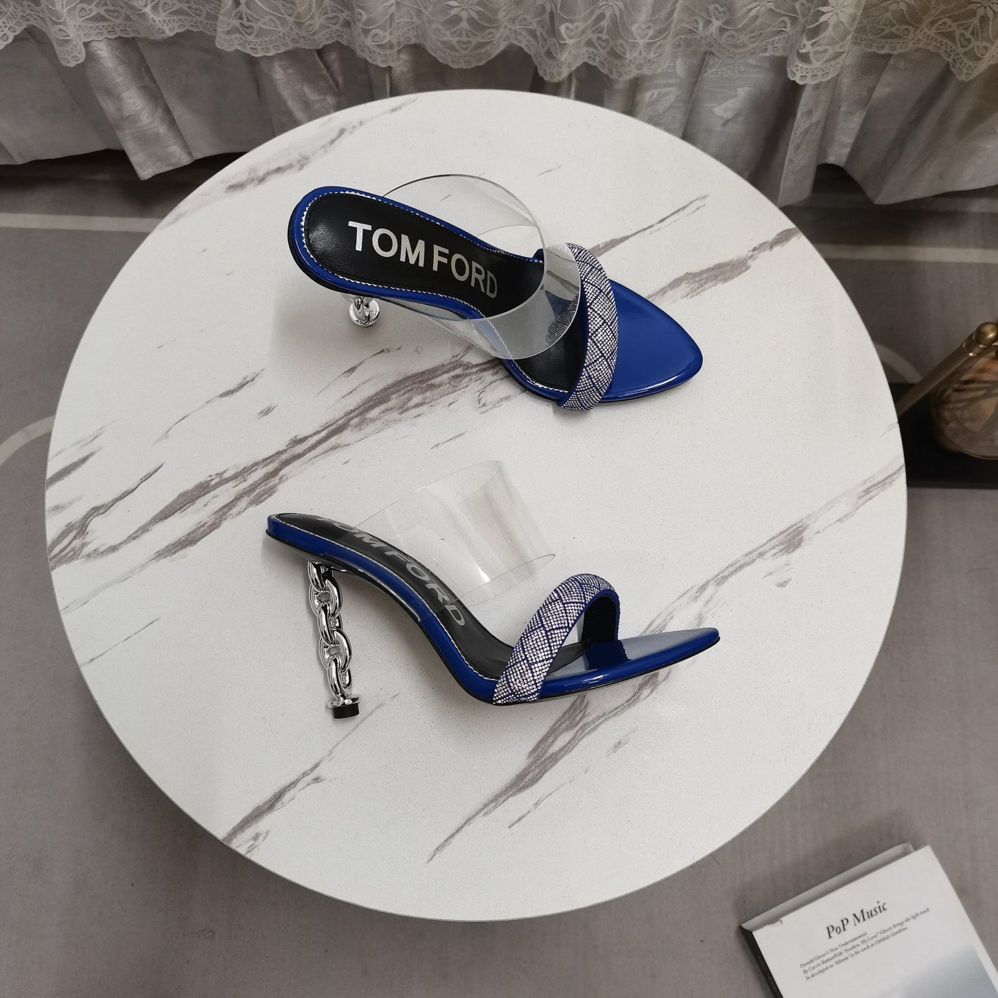 CRYSTAL HIGH HEEL MULE 10 CM IN NAVY BLUE LAMBSKIN