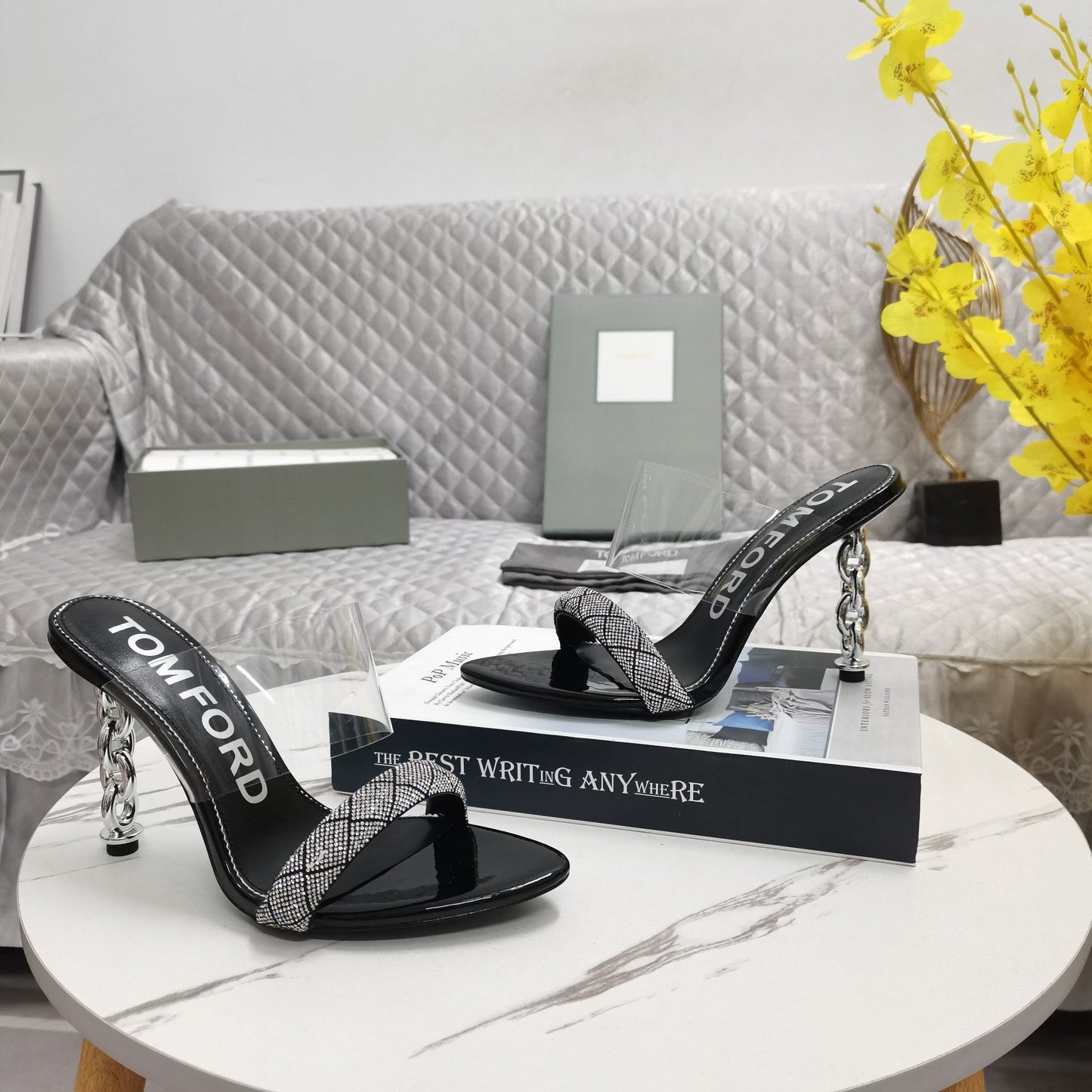 CRYSTAL HIGH HEEL MULE 10 CM IN BLACK LAMBSKIN