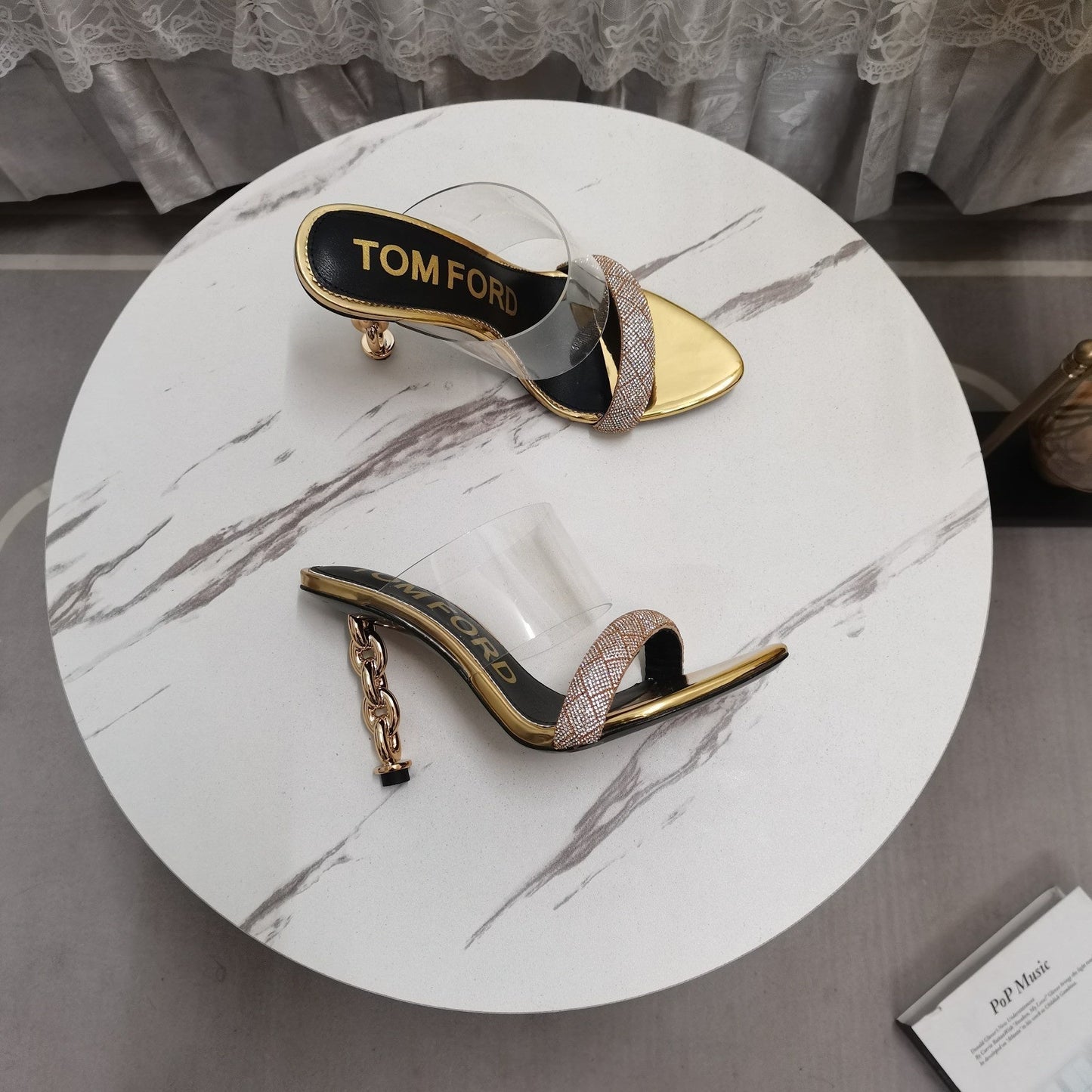 CRYSTAL HIGH HEEL MULE 10 CM IN GOLD LAMBSKIN