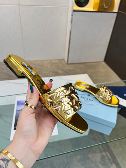 PRA EMBROIDERED SLIDES FLAT METALLIC GOLD CALFSKIN
