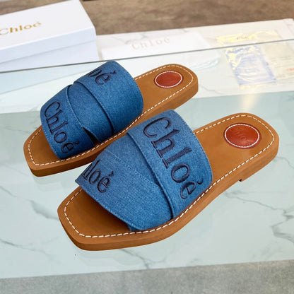 WOODY MULE IN COBALT BLUE DENIM WITH EMBROIDERED LOGO