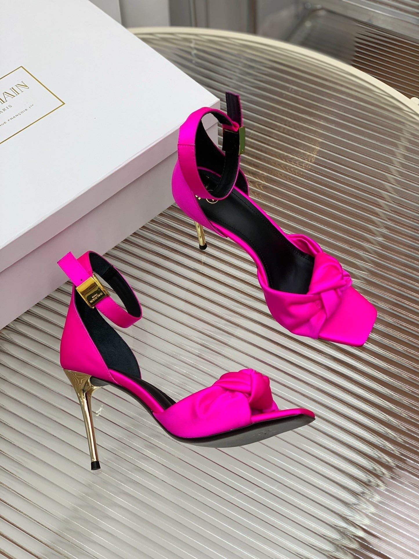 BALMAIN 25S KNOTTED HIGH HEELS 95MM IN NEON PINK SATIN