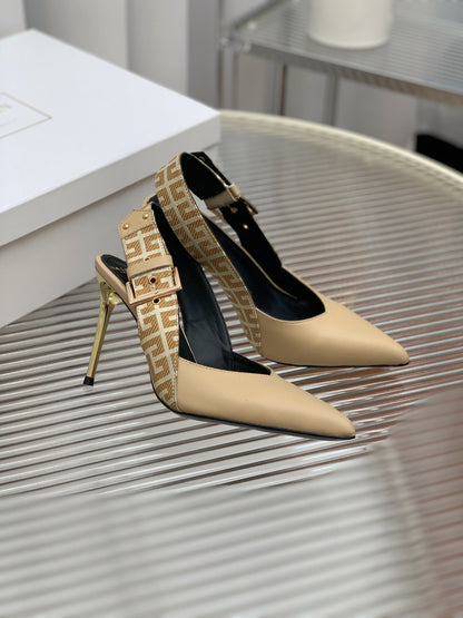 BALMAIN 25S SLINGBACK SHOES 95MM IN LIGHT BROWN CALFSKIN