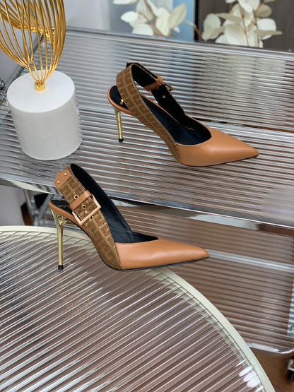 BALMAIN 25S SLINGBACK SHOES 95MM IN DARK BROWN CALFSKIN