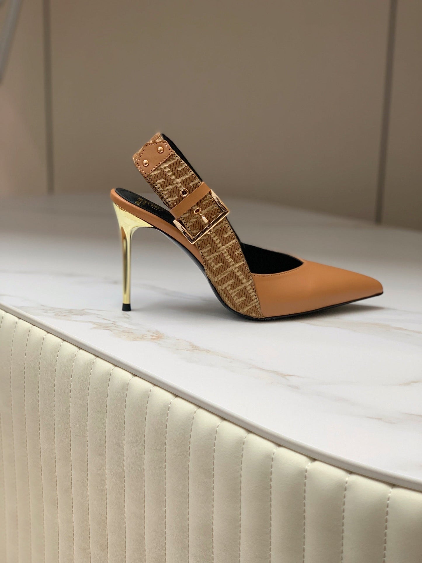 BALMAIN 25S SLINGBACK SHOES 95MM IN DARK BROWN CALFSKIN