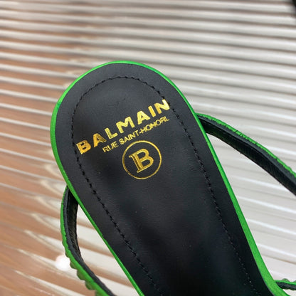 BALMAIN 25S MONETA SANDAL 95MM IN DARK GREEN CALFSKIN WITH CRYSTAL